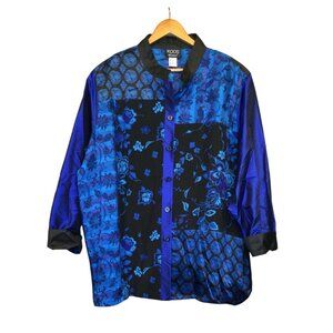 Koos Of Course Womens Silk Button Up Shirt Size 3X Top Blouse Artsy Boho Blue
